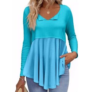 Tankaneo Womens Babydoll Tops V Neck Long Sleeve Shirts Peplum Tunic Top. Size S